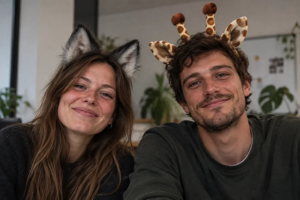Eine Frau mit Wolfsohren und ein Mann mit Giraffenohren lächeln in die Kamera